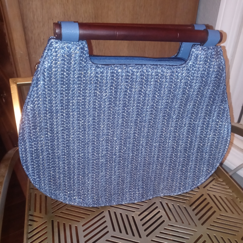 Woven blue purse wooden handles